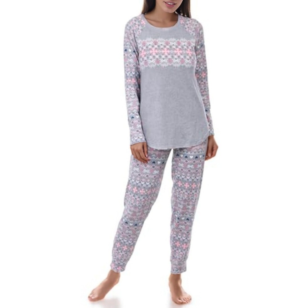 Cuddl Duds Womens 2pc PJ Set Fair Isle Heart Gray Medium Long Sleeve Pajama Top